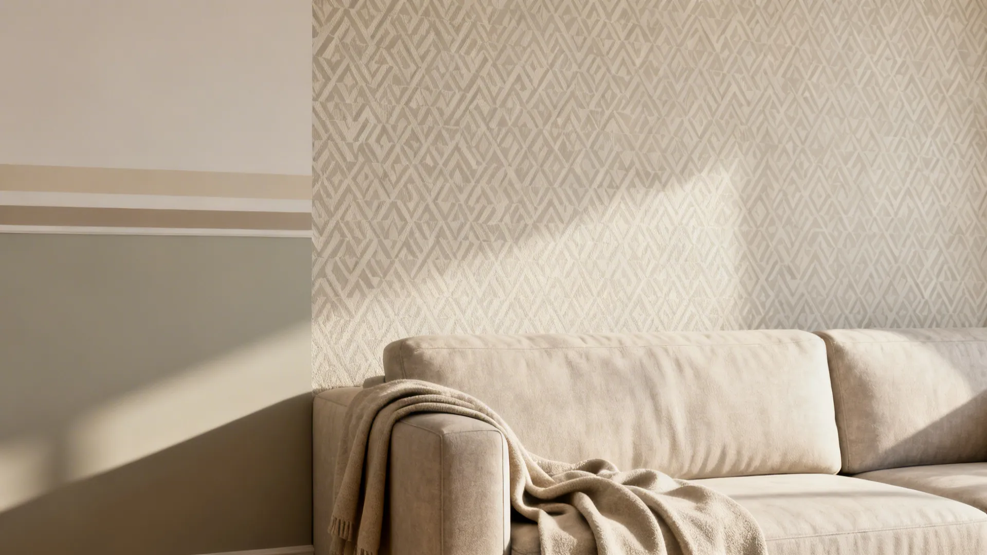 Beige sofa with blanket against geometric patterned wallpaper and plain wall with sunlight and shadows