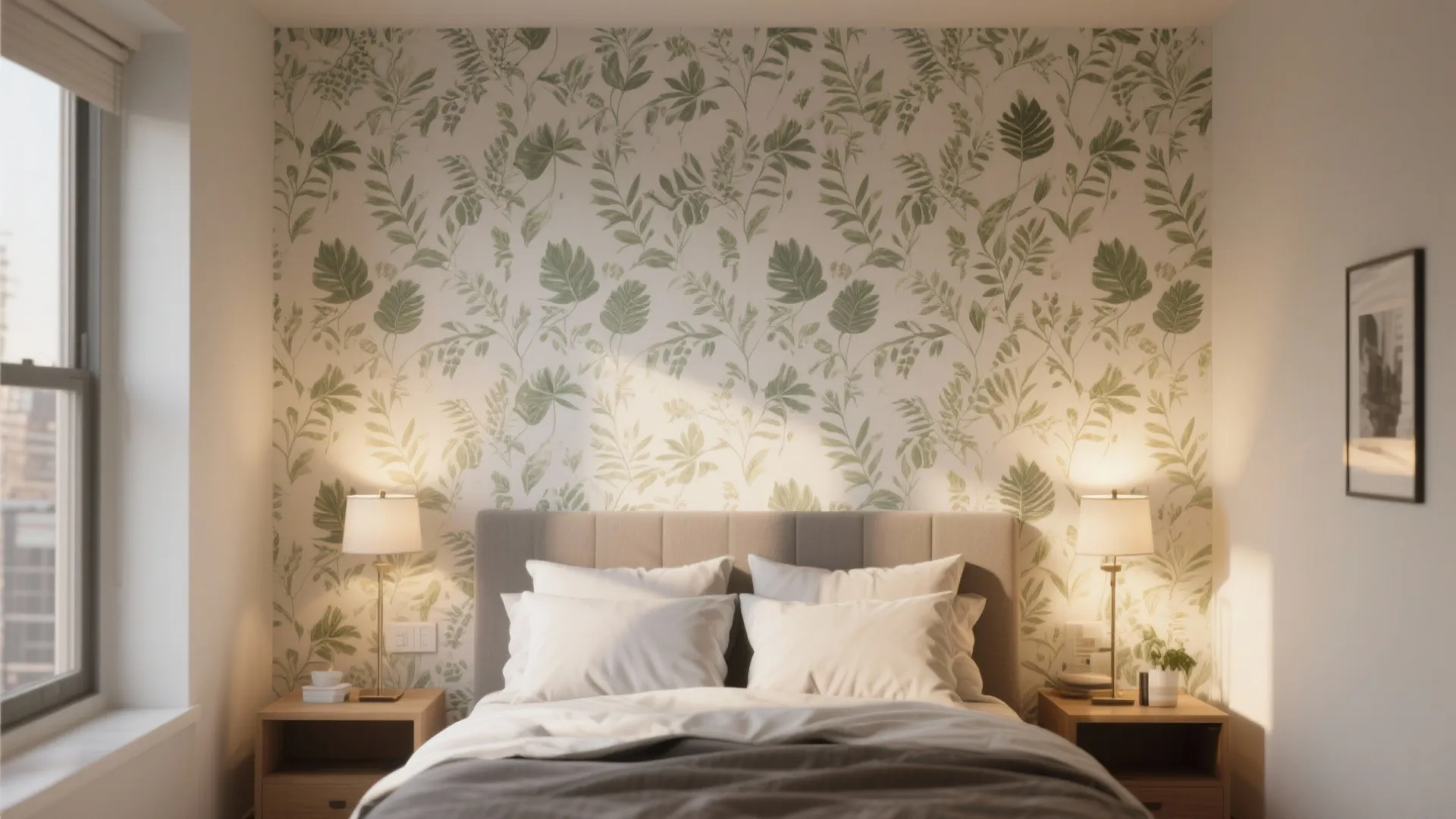 Modern bedroom with green leaf pattern wallpaper behind a grey bed with pillows and nightstands