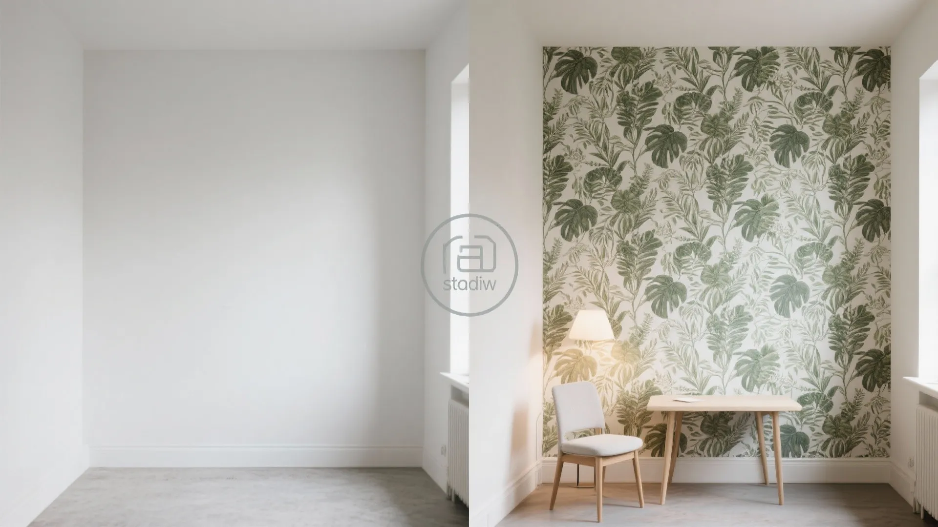 Before and after comparison of an empty white wall versus a workspace with green wallpaper
