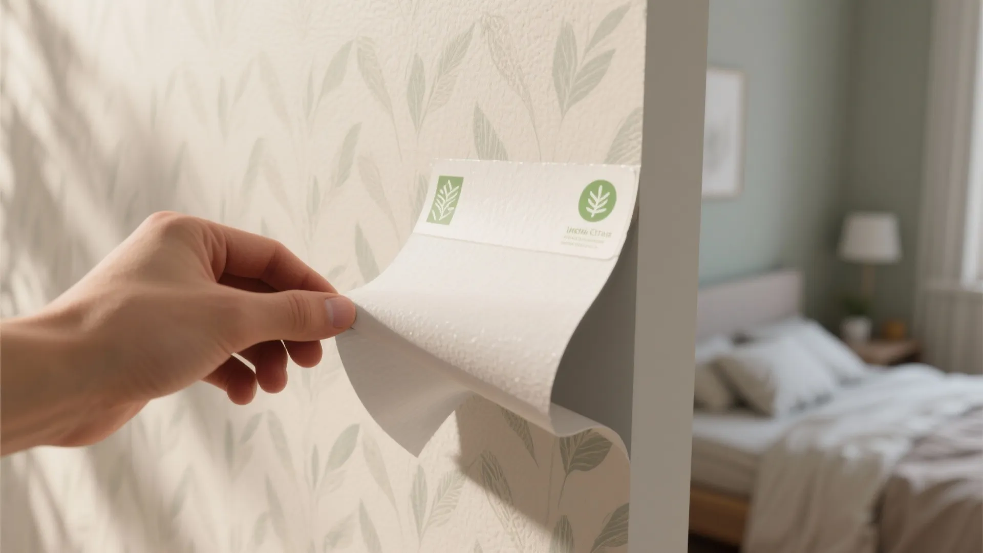 Hand peeling removable wallpaper from a bedroom wall showing clean removal and textured backing