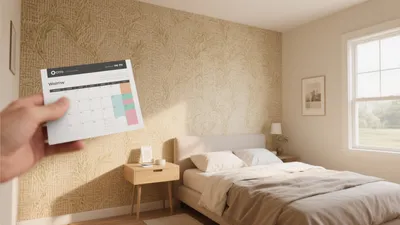 Serene Bedroom with Botanical Wallpaper and Natural Light