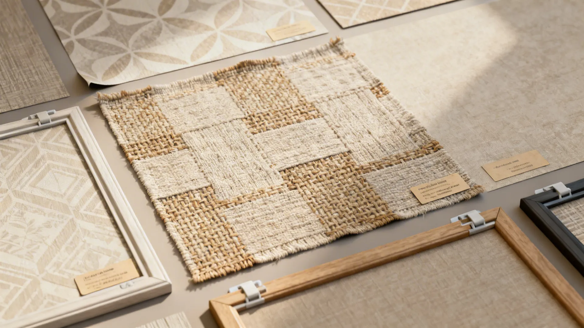 Various interior design material samples with woven fabric patterns and wooden frames in soft natural light
