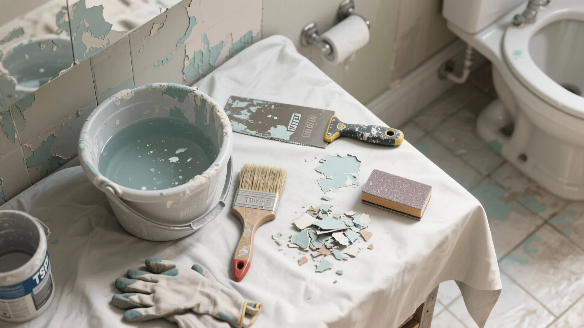 Bathroom renovation tools including paint bucket brush scraper and gloves placed on a white protective sheet