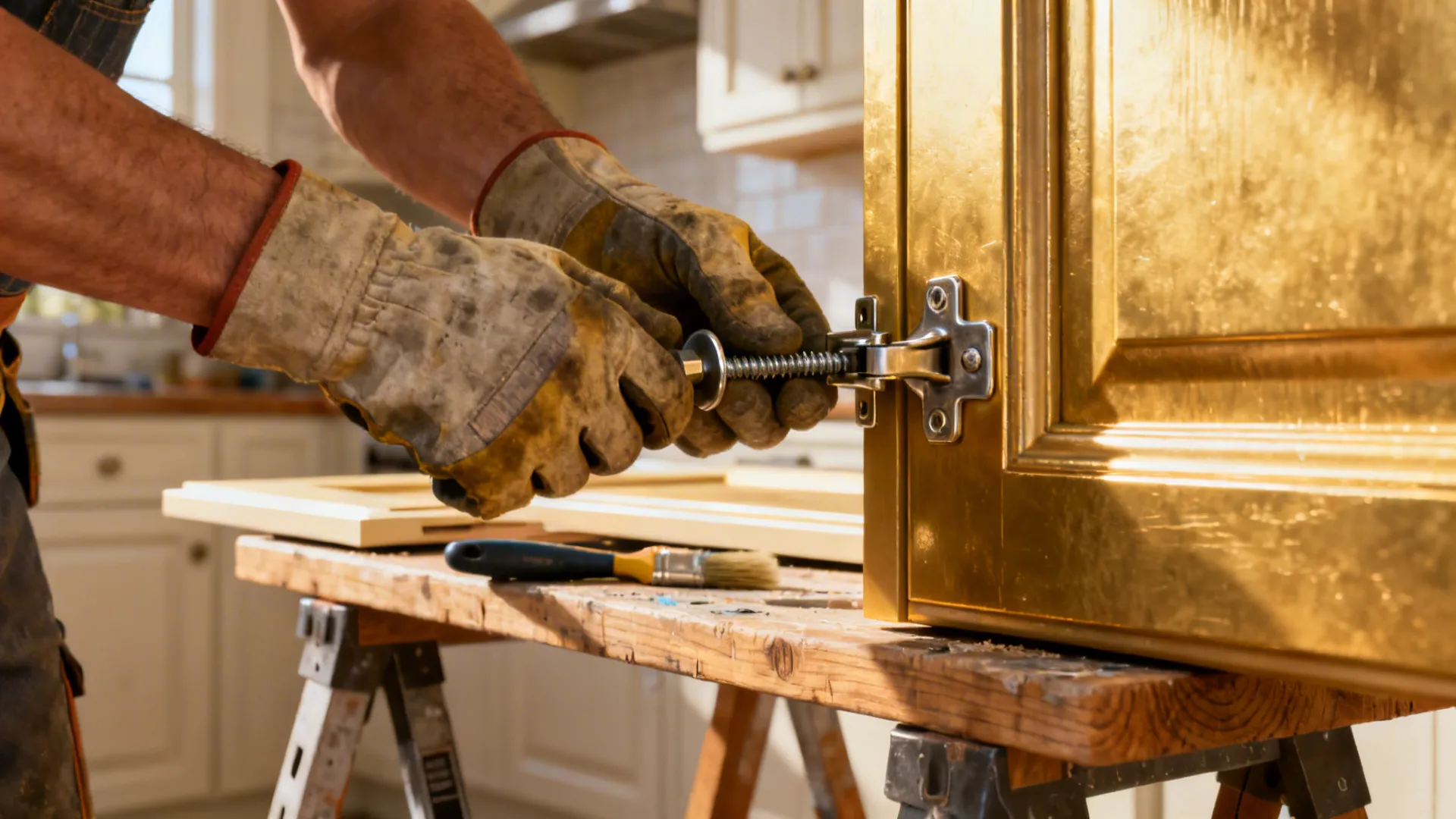 Hands removing cabinet doors and hardware for off-site spraying, doors on sawhorses in bright kitchen.