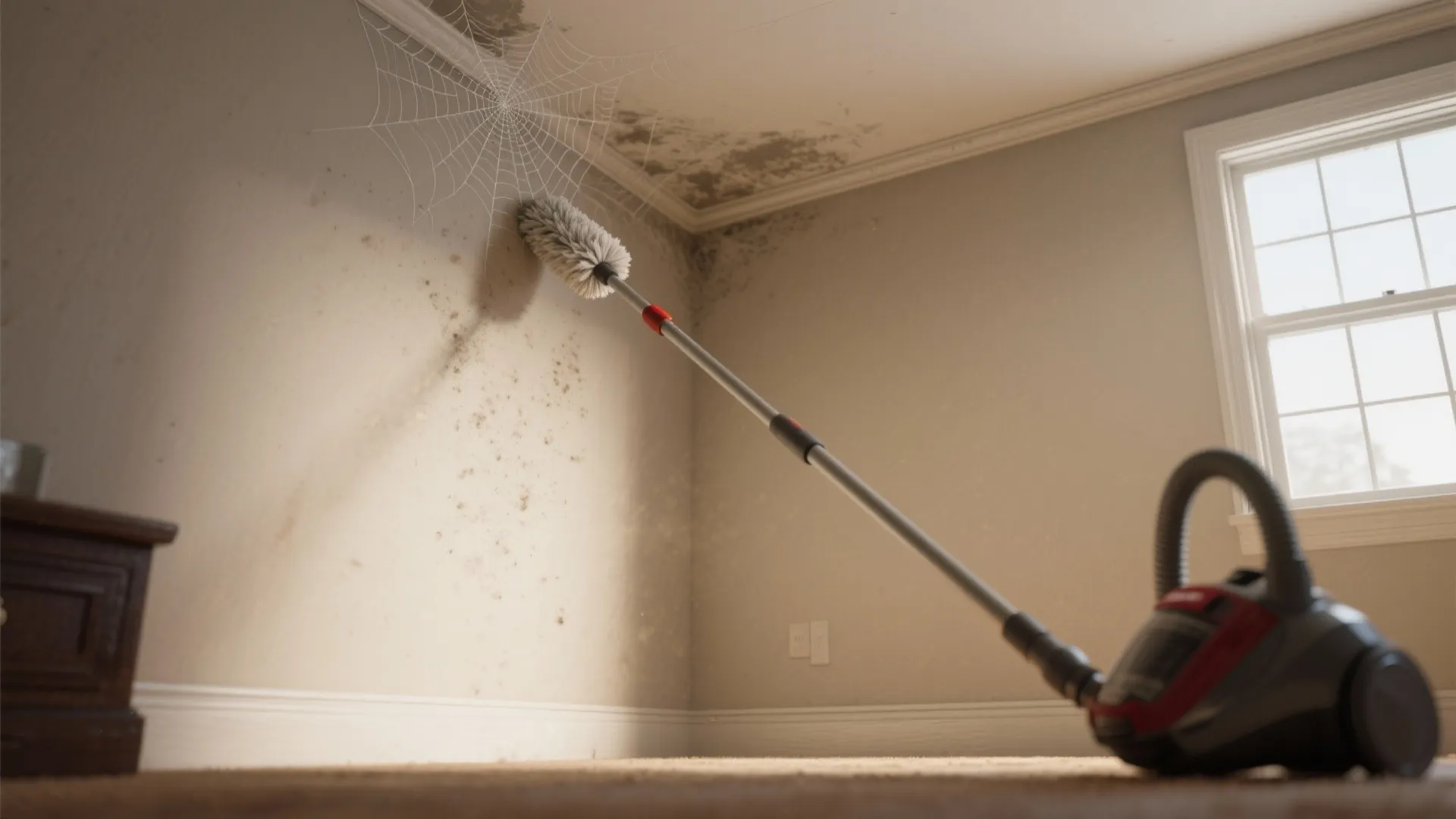 Vacuum cleaner brush removing a spider web and dust from a corner of a beige room