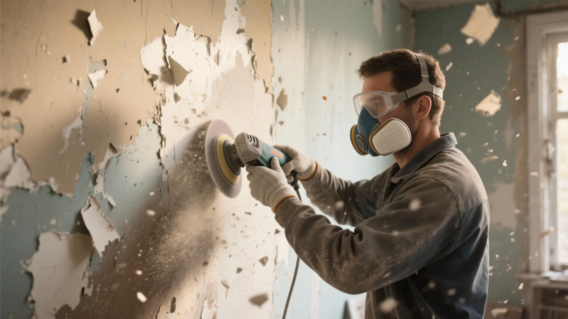 Professional worker using power tool to remove old blue paint from a damaged interior wall