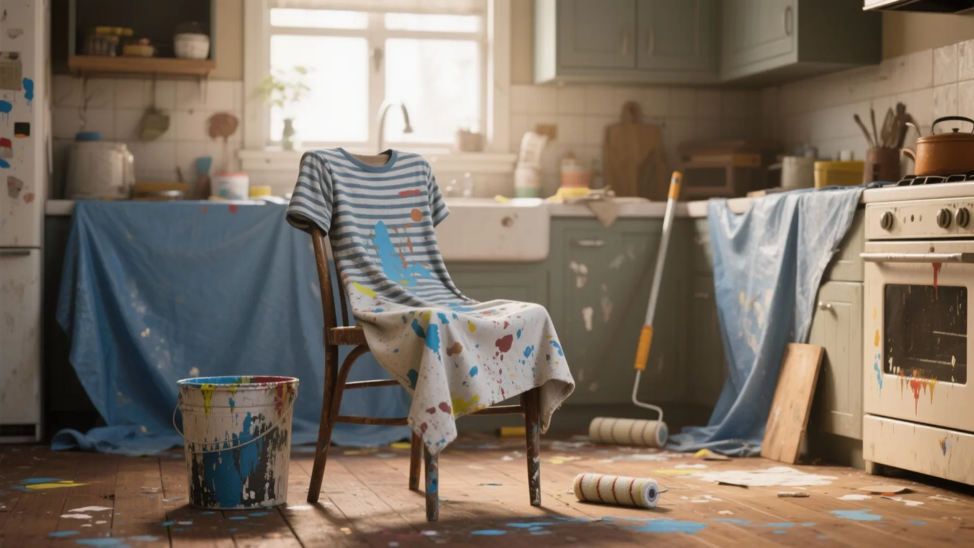 Kitchen room with paint splattered on wooden floor and white tshirt draped over a wood chair