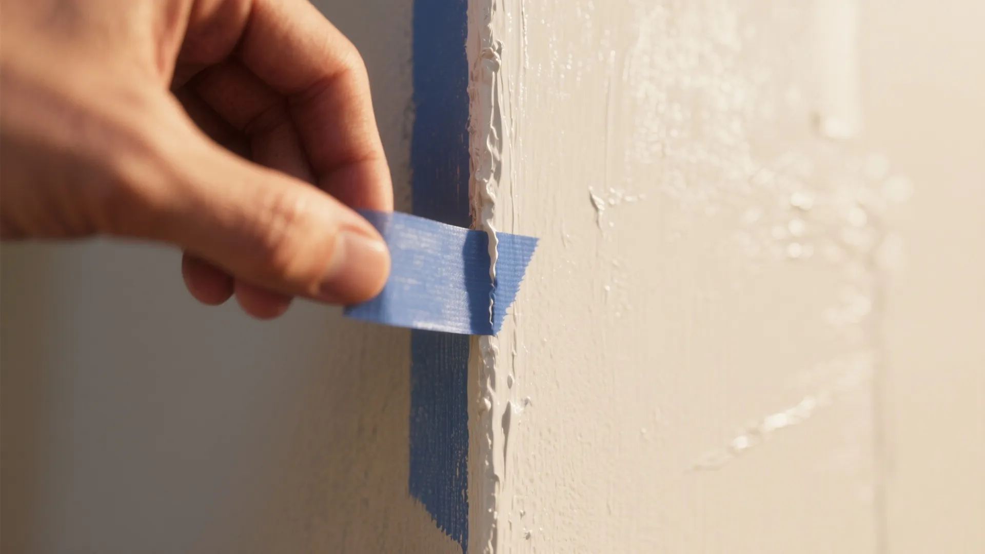 Hand peeling blue painter tape from a white wall to reveal a clean straight edge