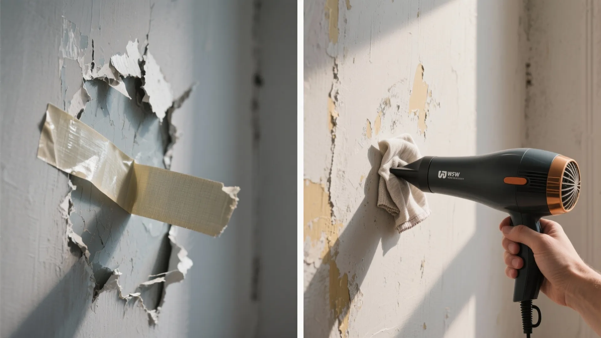 Before and after comparison of tape damaged wall versus using hair dryer for safe removal