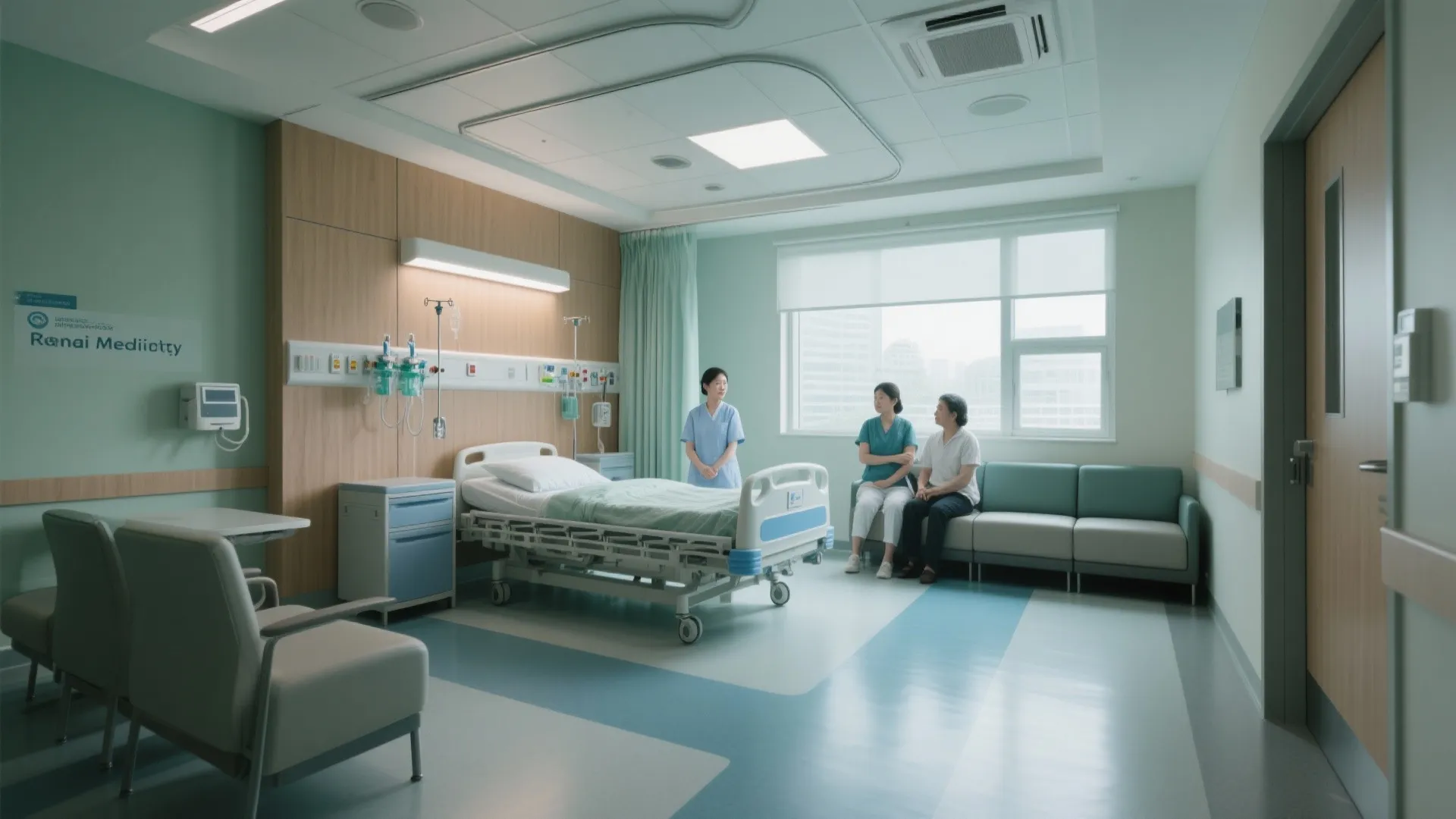 Modern hospital room interior with medical bed green walls large windows sofa and ceiling lights