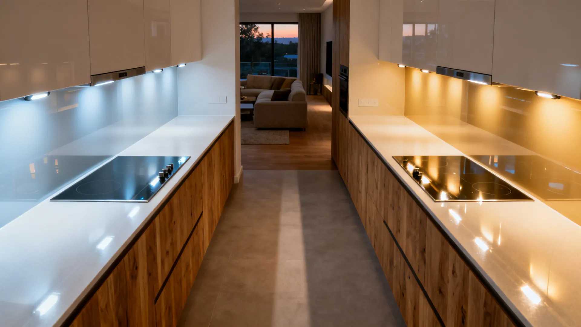 Top-down comparison of a small kitchen in daylight and warm evening lighting with clear work aisles.
