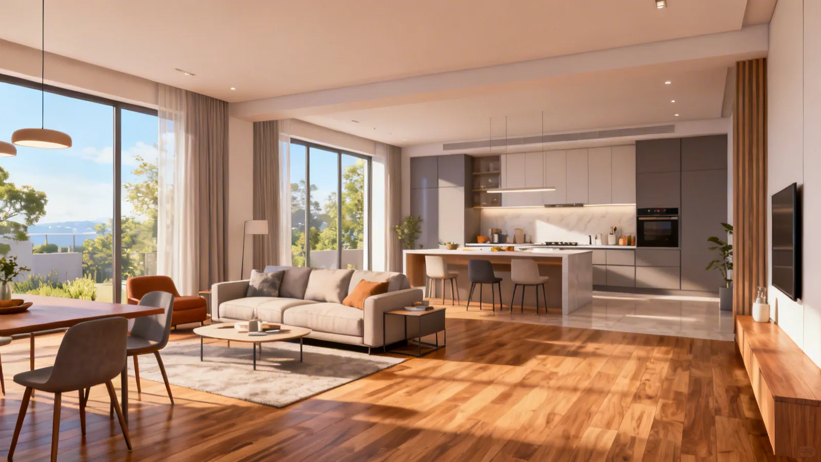 Render realista de interior de apartamento antes de una reforma
