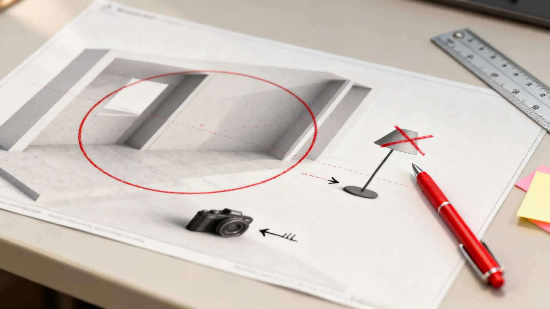 Macro of a printed render with red pen markups and a scale ruler on a desk.