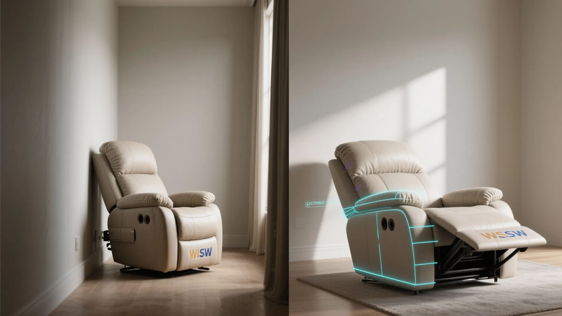 Before-and-after render showing a wall-hugger recliner upright and fully reclined with clearance overlay in a narrow room.