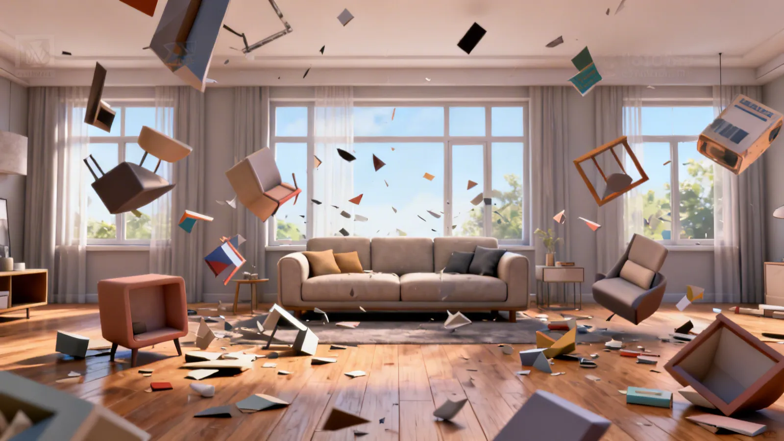 render 3D realista de un salón moderno creado con software de diseño