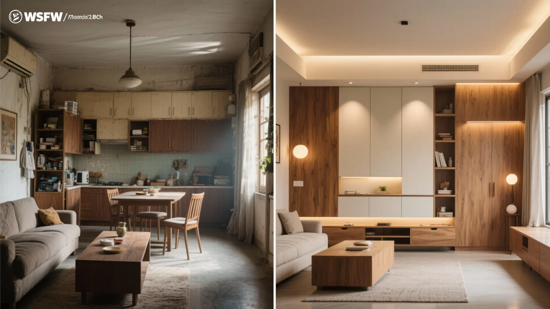 Before-and-after comparison of an old messy kitchen versus a clean modern wood living room design