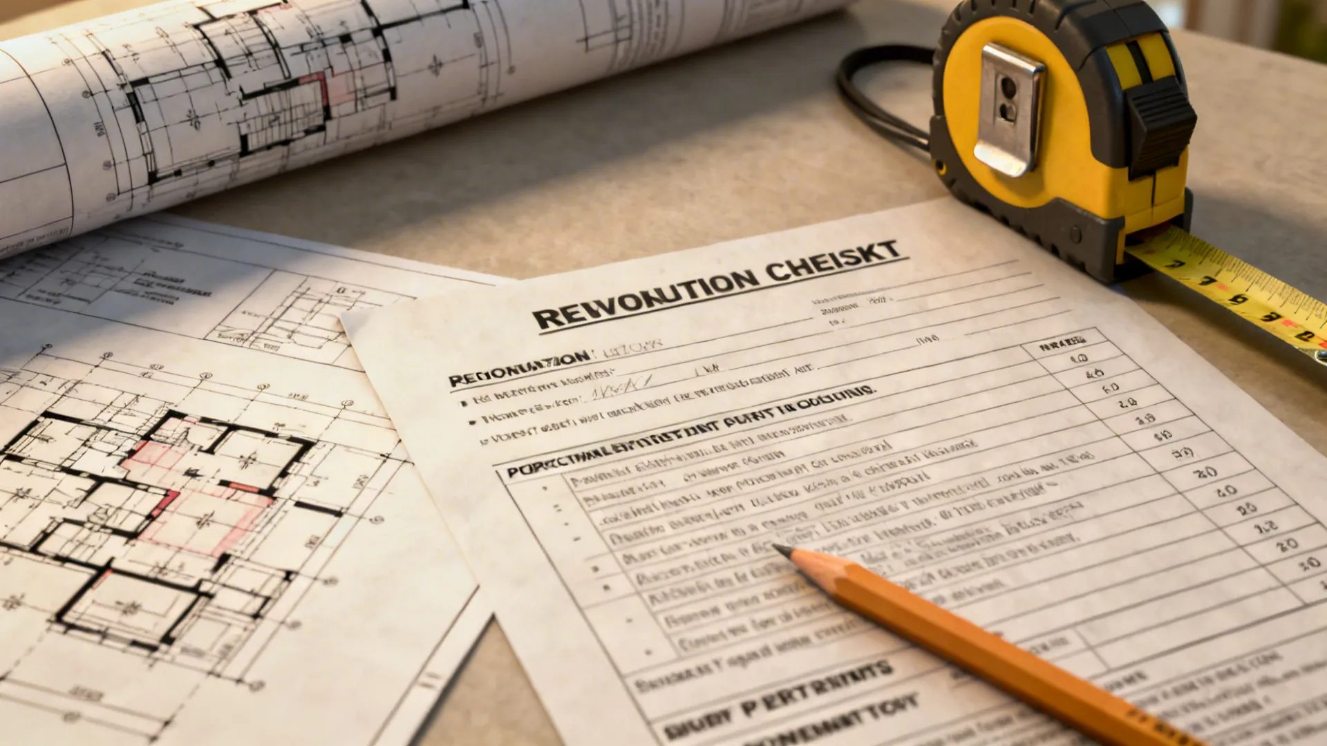Renovation checklist and building plans with measuring tape and notes about permits and structural checks