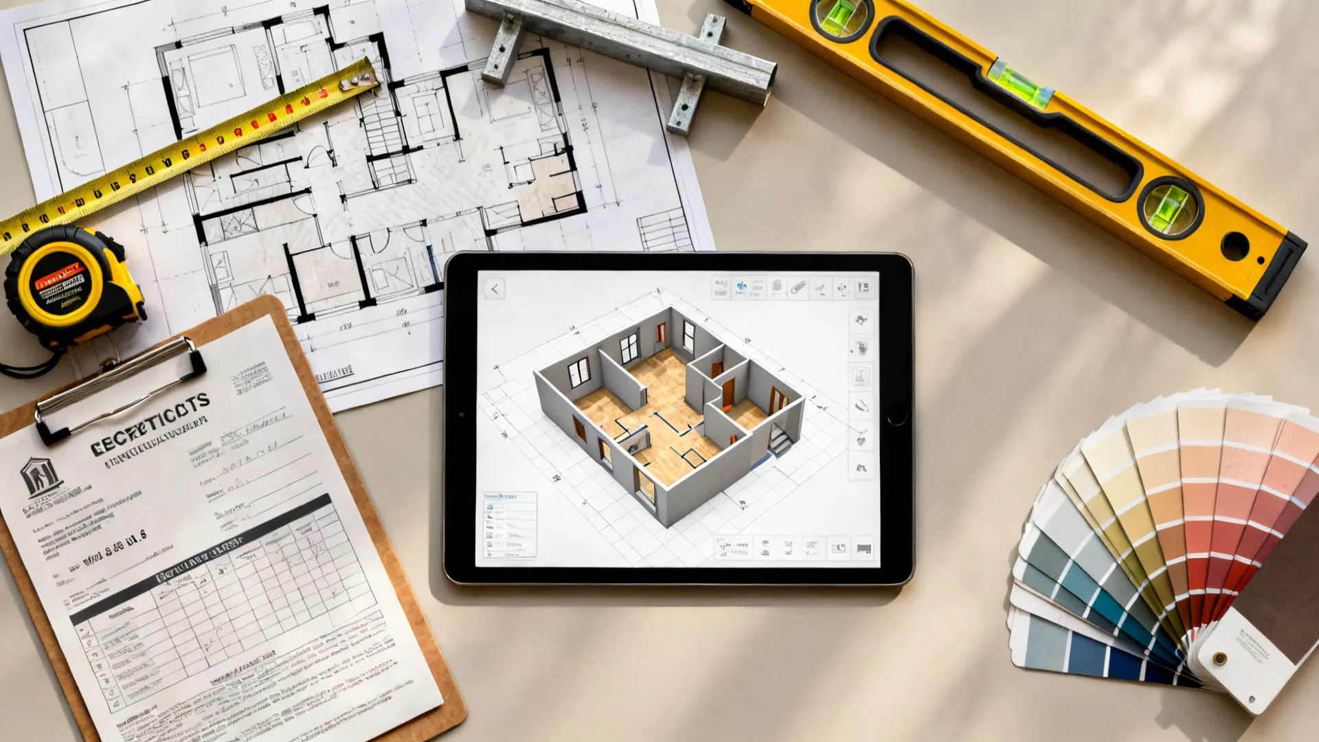 Flatlay of renovation planning tools including floor plans, measuring tools and a tablet with 3D planner