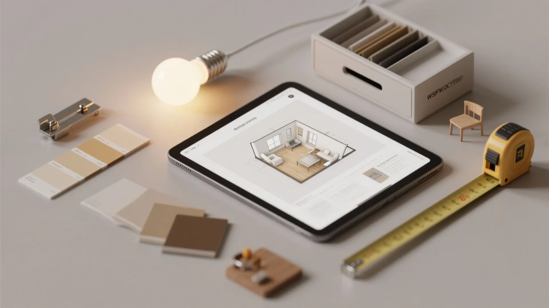 Flatlay of renovation essentials: LED bulbs, paint swatches, measuring tape, and a 3D floor planner on a tablet.