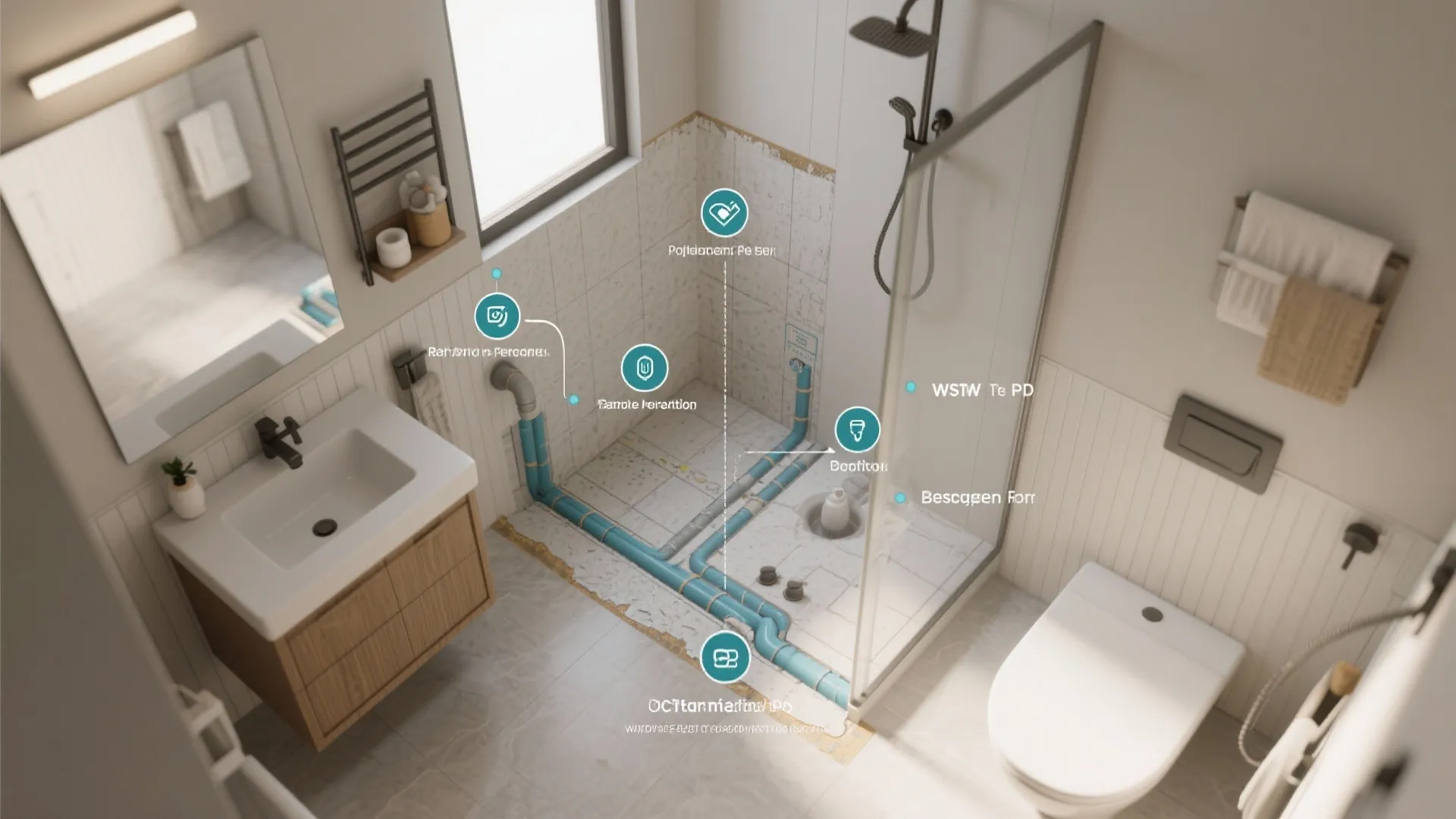 Interior design drawing showing bathroom water pipe layout with shower toilet and wooden cabinet vanity
