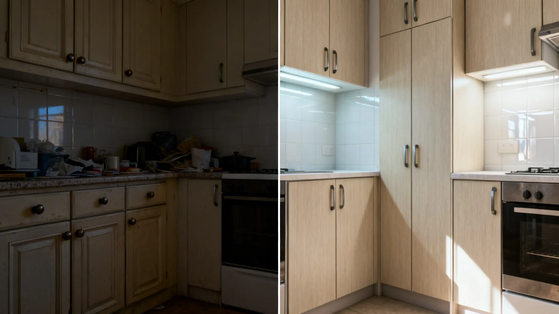 Before-and-after of a compact kitchen showing dated doors replaced with satin fronts and integrated pulls plus a tall pantry.