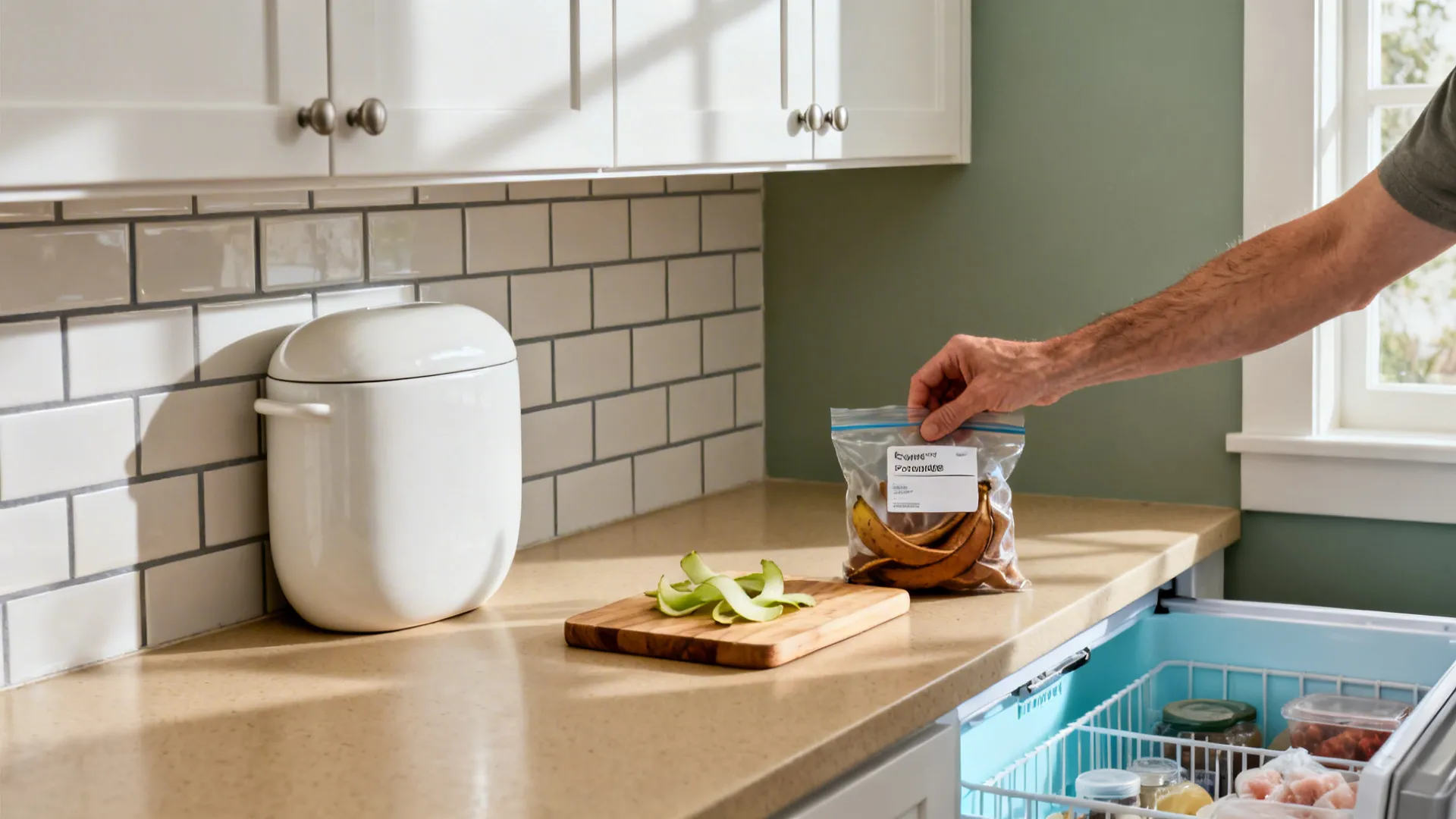 Slim ceramic compost crock on a small counter with scraps going into a freezer bag.