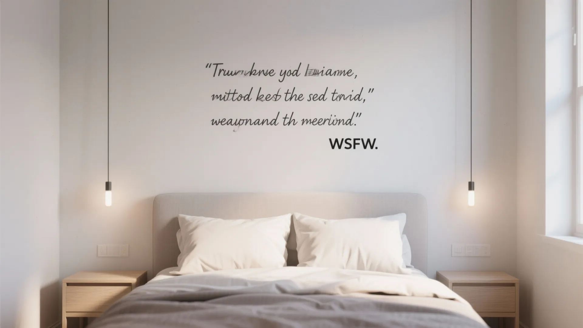 Minimalist white bedroom with a wall quote above the bed and two hanging light fixtures