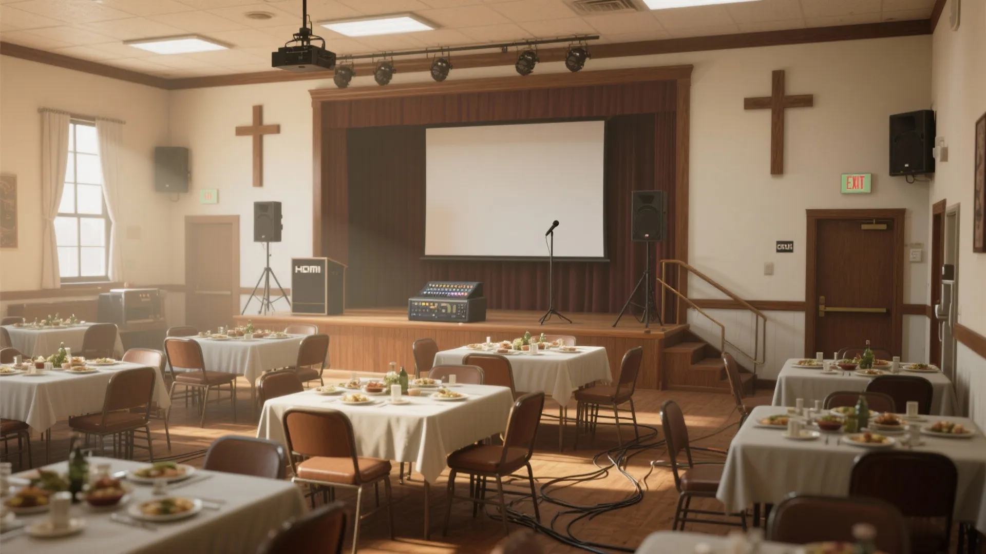 Large community room with dinner tables stage projector screen microphone and wooden crosses on white walls