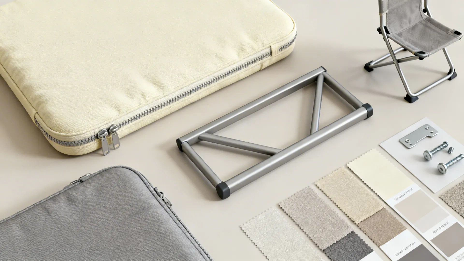 Flatlay of removable covers, fabric swatches and lightweight frame parts for rental furniture