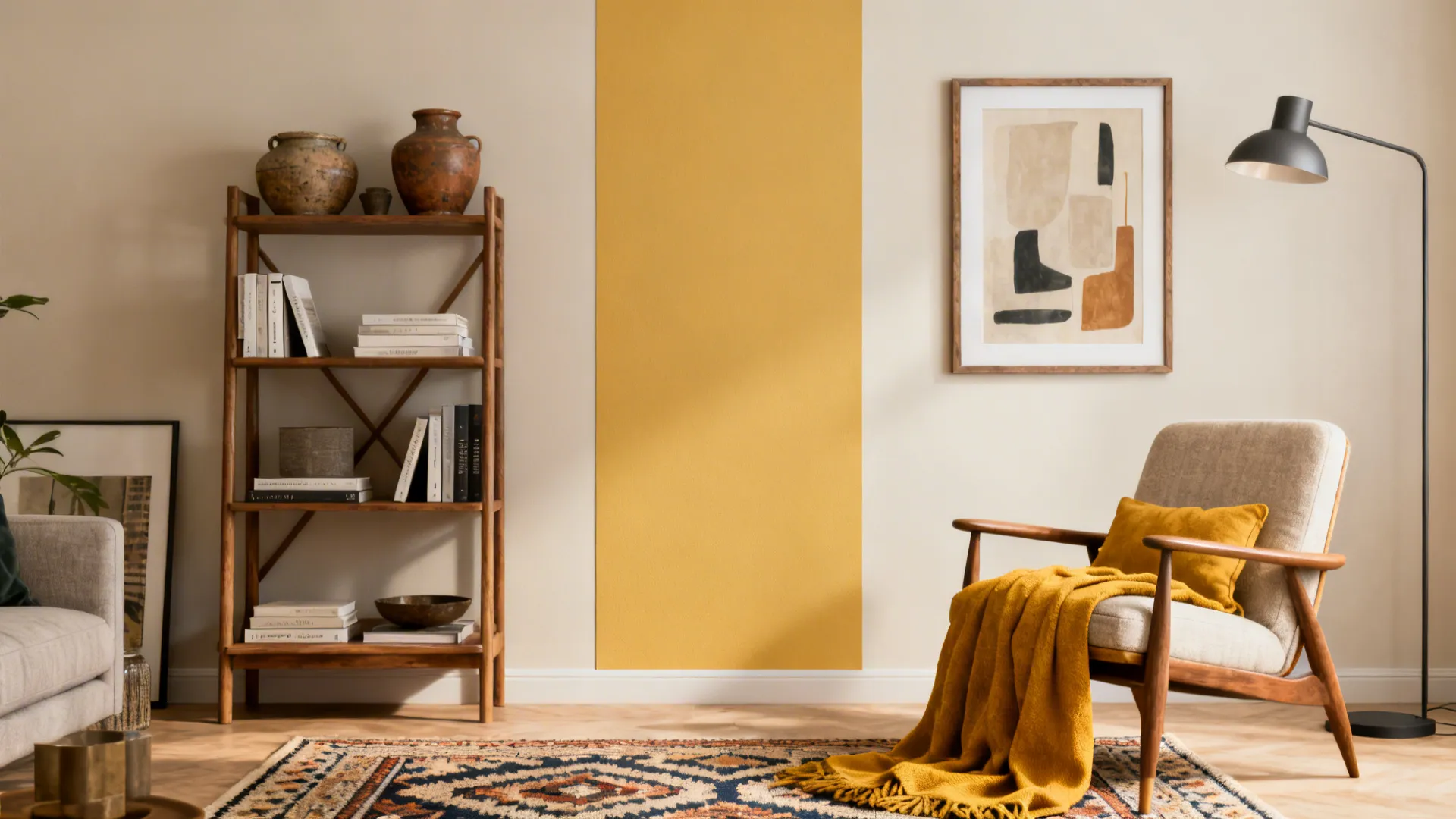 Rental-friendly living room with peel-and-stick panel, freestanding shelves, and removable decor