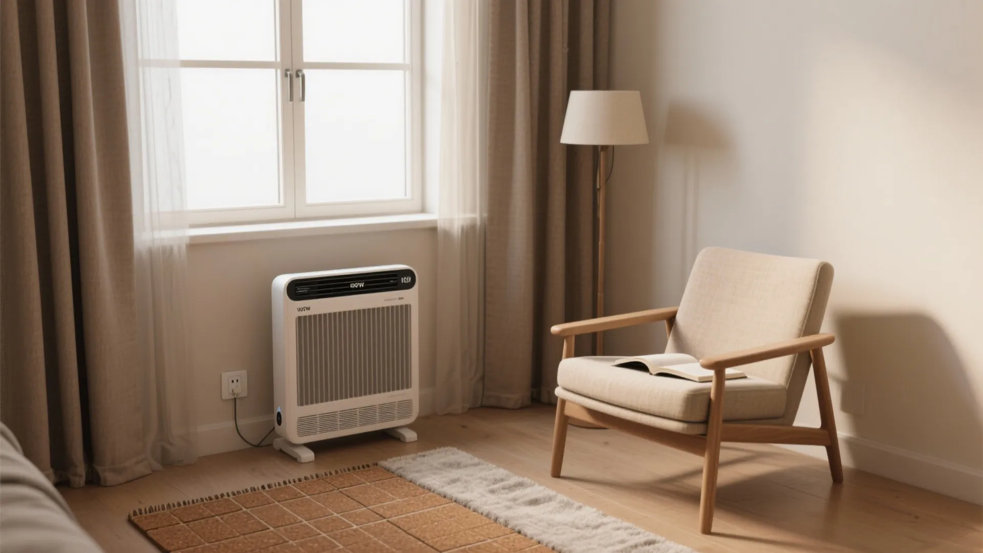 Rental room with freestanding panel heater, removable weather-strips, tension-rod thermal curtains, and smart plug.