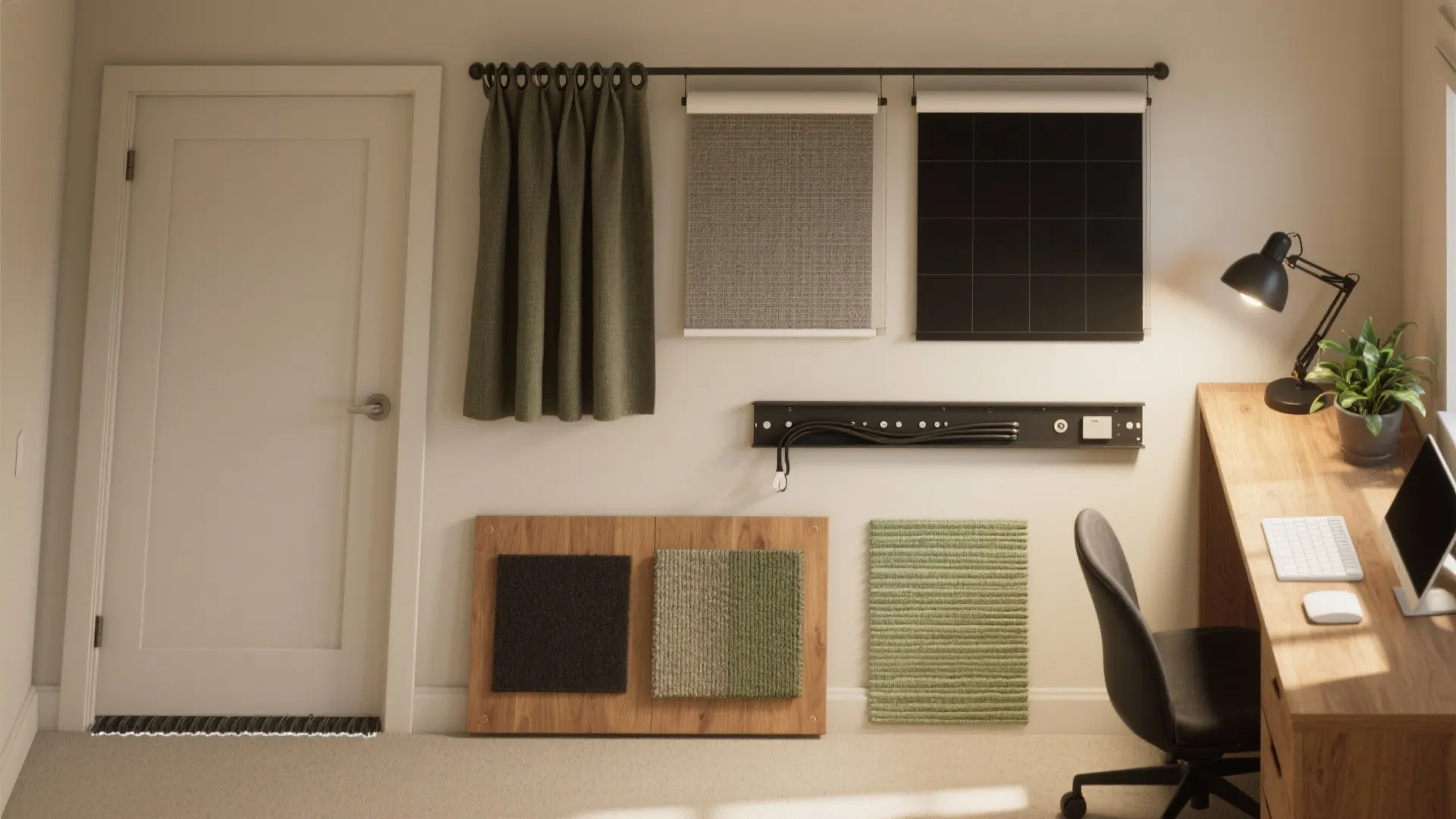Home office wall with green curtain material samples beside wooden desk with computer and chair