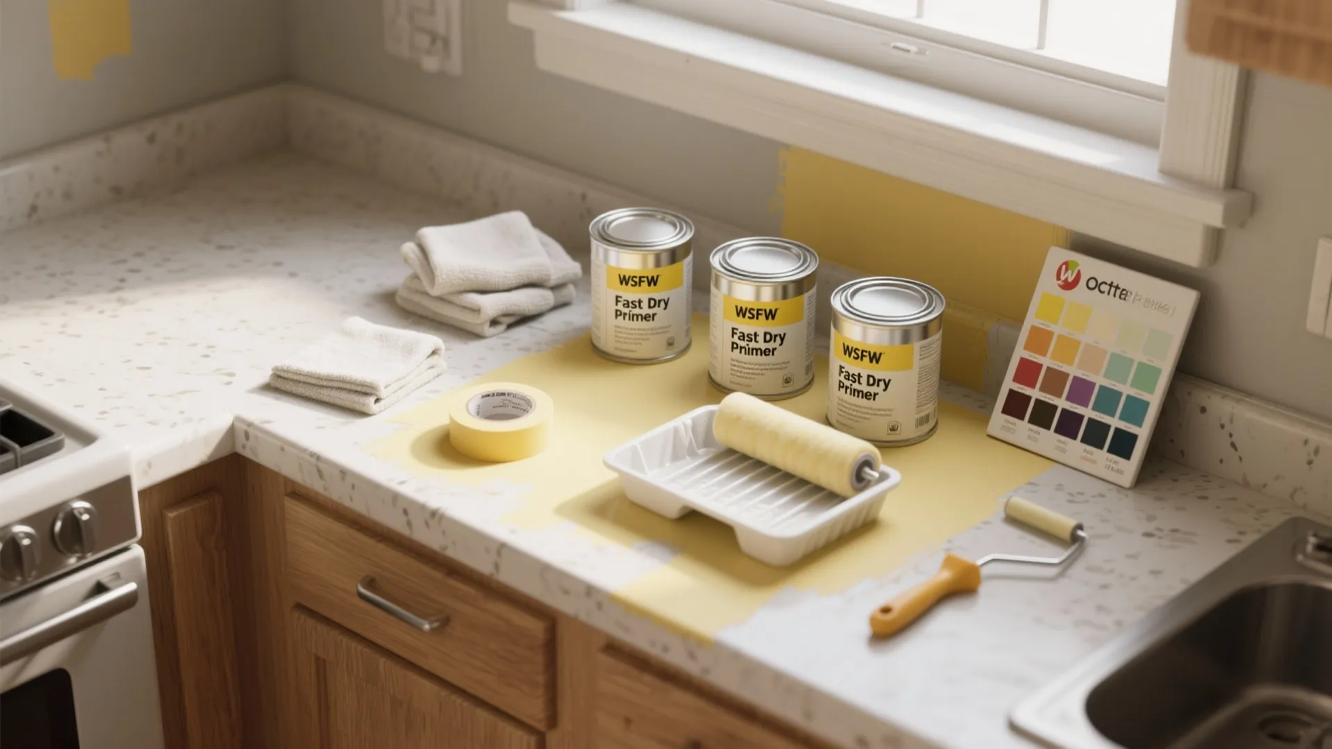 Kitchen counter with paint cans paint roller color swatches and tape for a renovation project