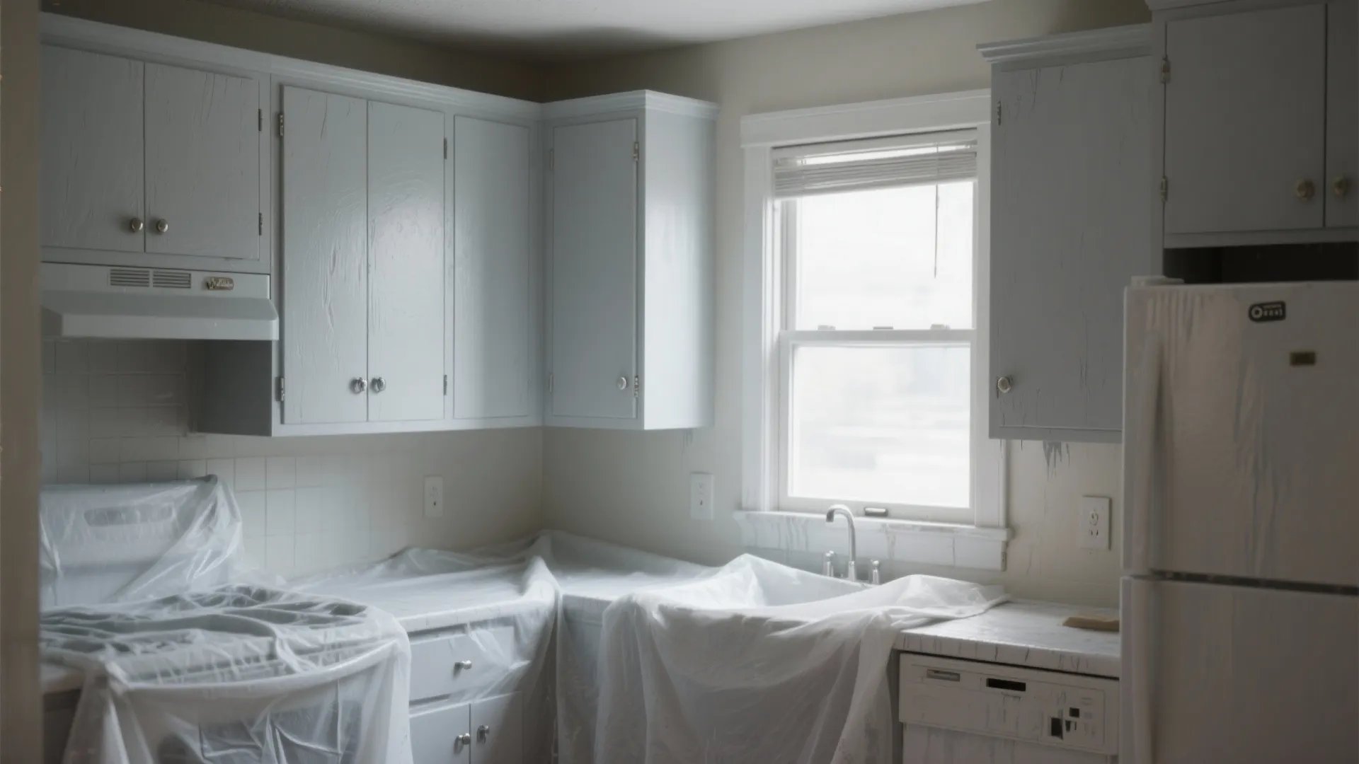 Kitchen renovation showing white cabinets and plastic sheets covering countertops and sink near a window