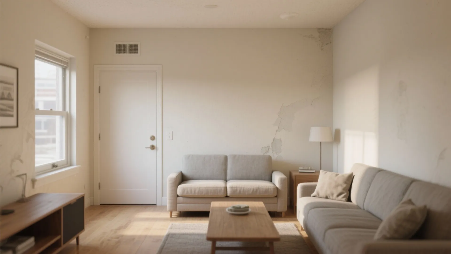 Living room with peeling wall paint behind a grey sofa next to a white door