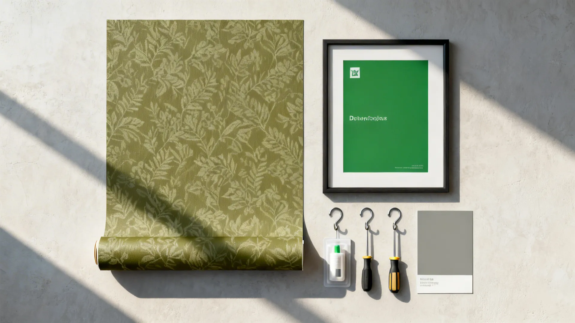 Flatlay of peel-and-stick olive wallpaper sample, framed print and grey paint swatch for renters.