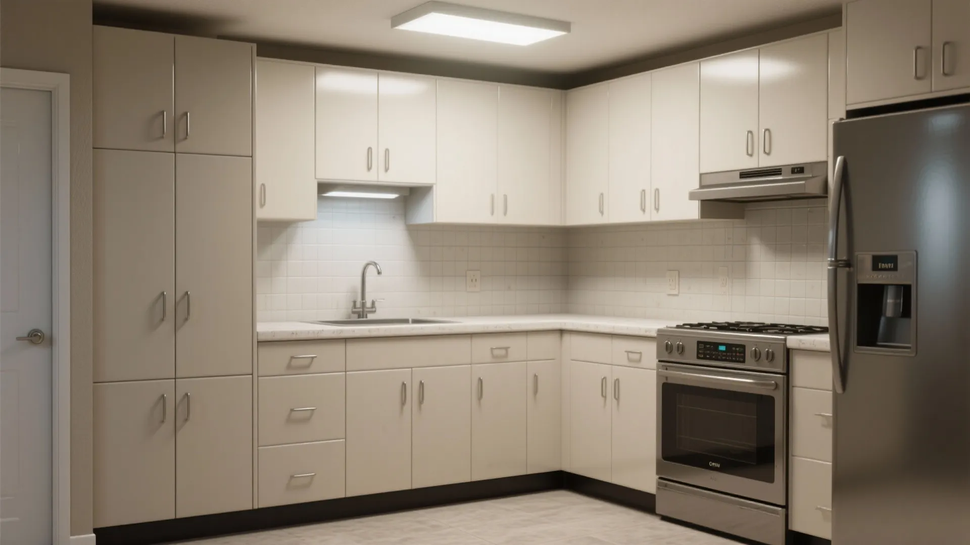 Modern kitchen with white cabinets stainless steel fridge stove oven sink and bright ceiling light