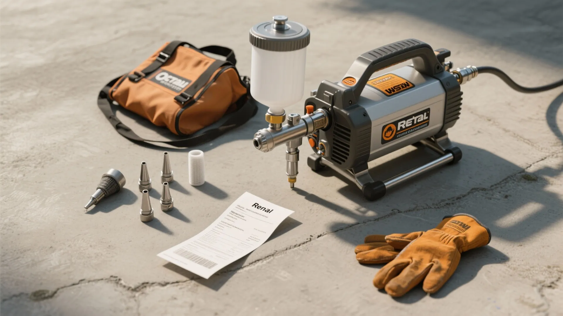 Electric paint sprayer machine with orange bag gloves and metal nozzles on a concrete floor