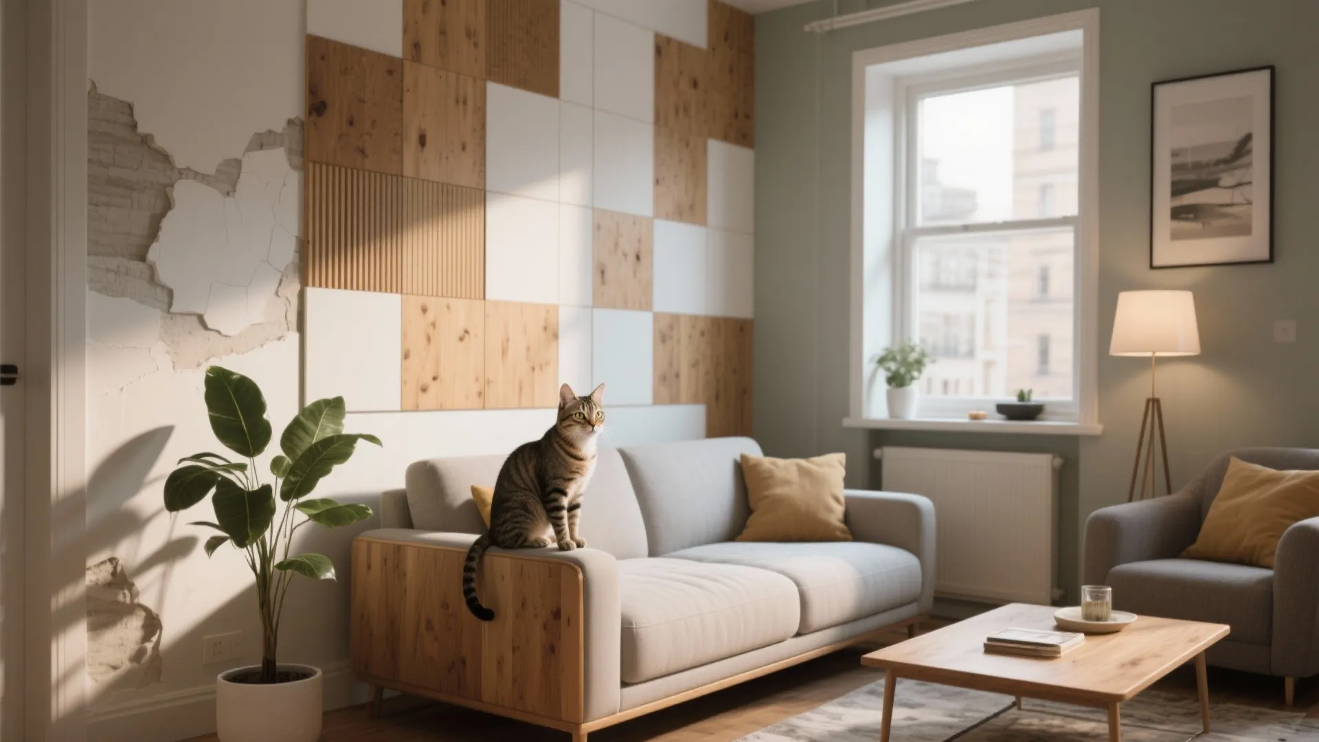 Living room with cat on sofa wooden wall panel window floor lamp and coffee table