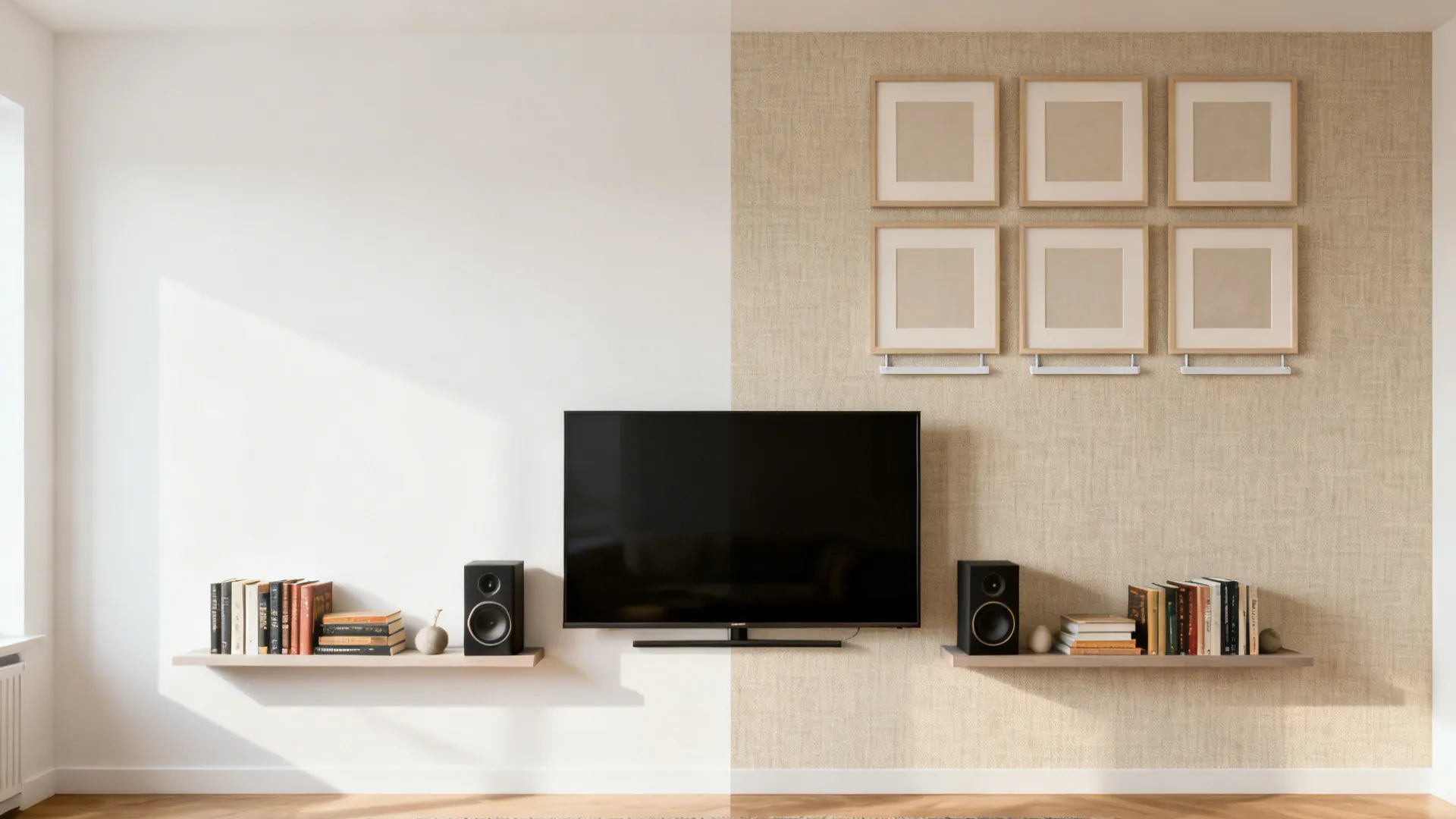 Before-and-after of a rental TV wall transformed with peel-and-stick wallpaper, an art grid, and floating shelves.