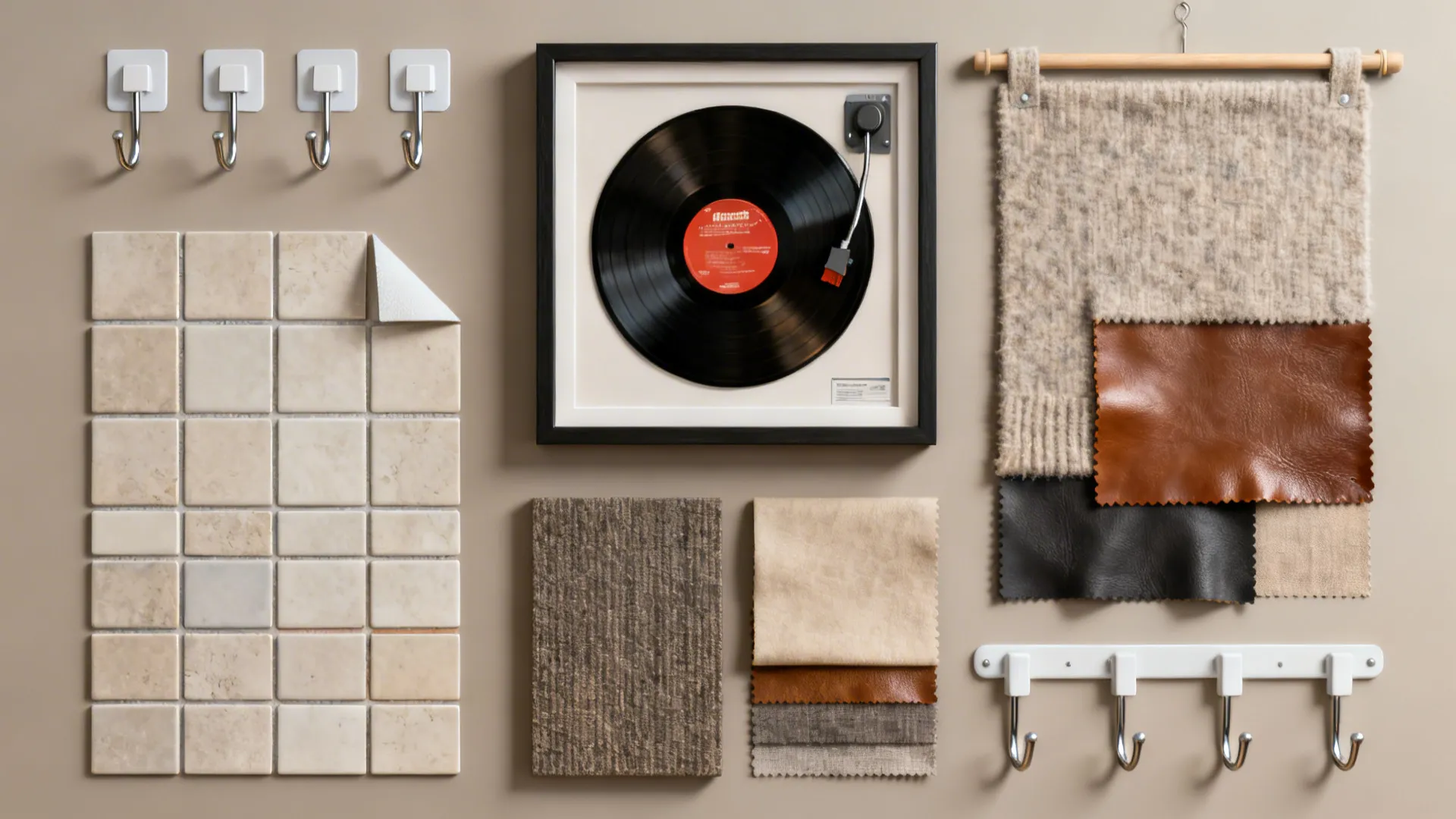 Flatlay of removable decor: adhesive hooks, peel-and-stick tile, and framed vinyl for dorm walls.