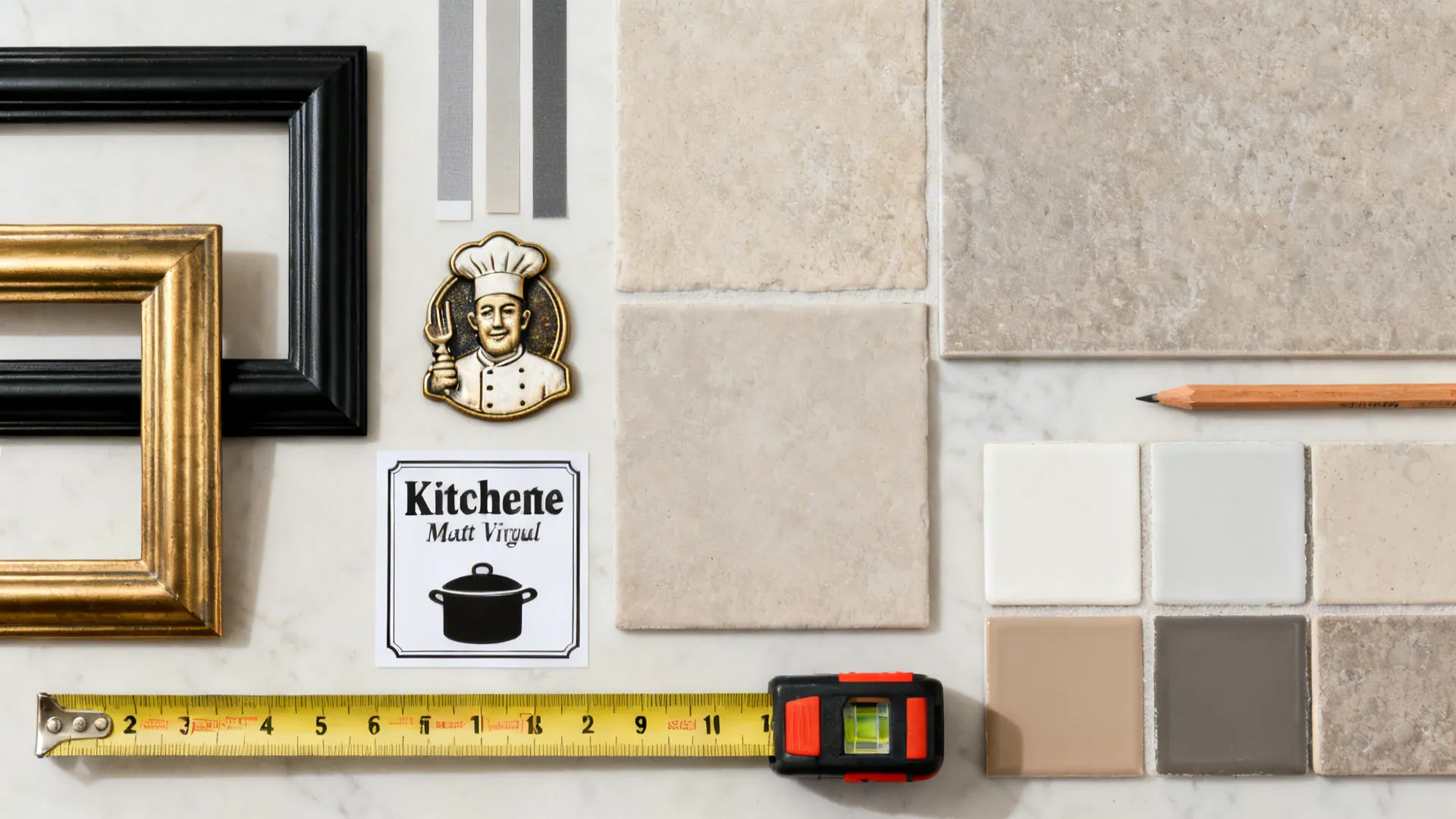Top-down toolkit with frames, chef plaque, vinyl sample, adhesive strips, level, and neutral swatches.