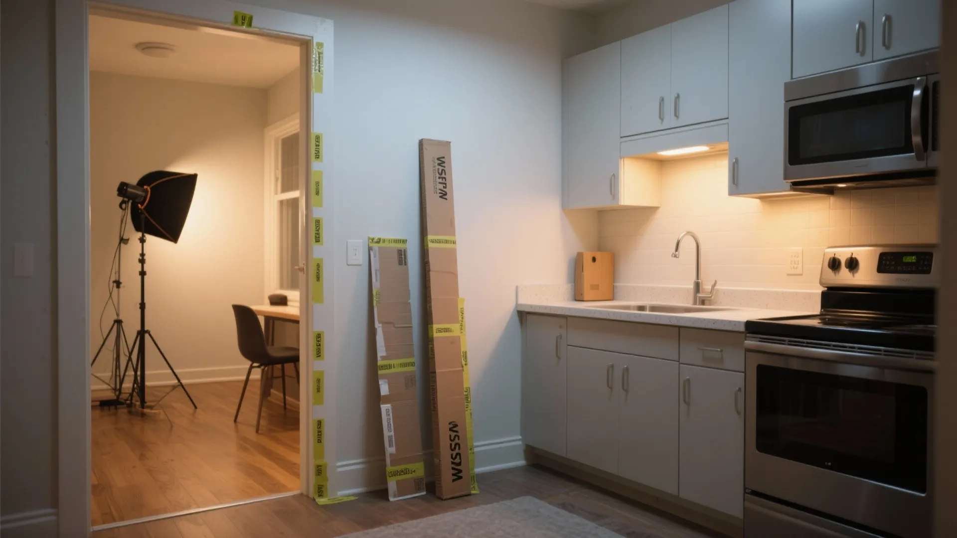 Small kitchen area with white cabinets stove and cardboard boxes leaning against the white wall