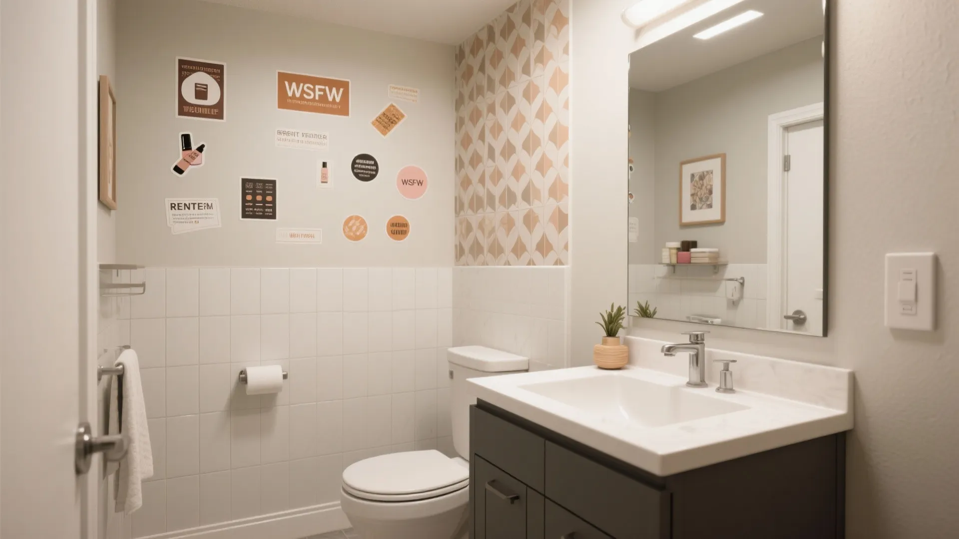 Small bathroom vignette with a sticker accent wall and test panel showcasing renter-friendly updates.