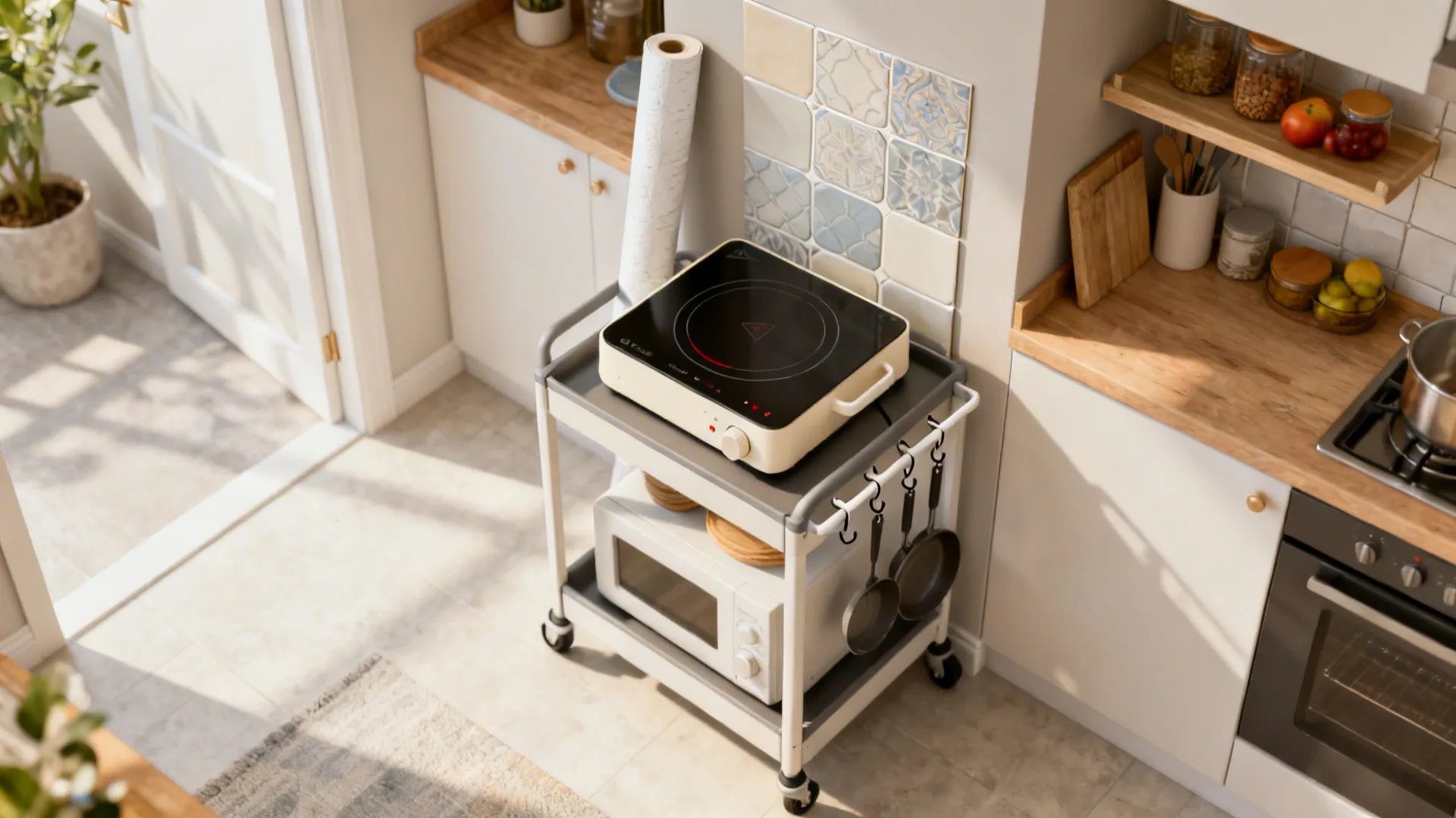 Renter-friendly small kitchen solutions like peel-and-stick backsplash and portable induction cooktop