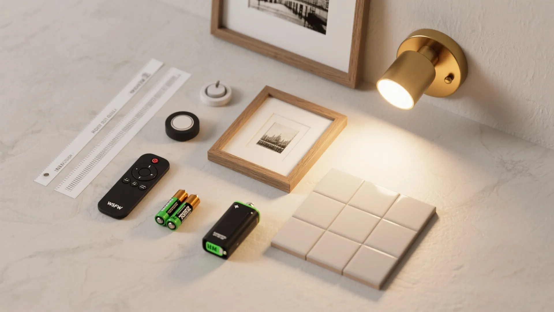 Flatlay of renter lighting kit including brass wall light remote control batteries and white wall tiles