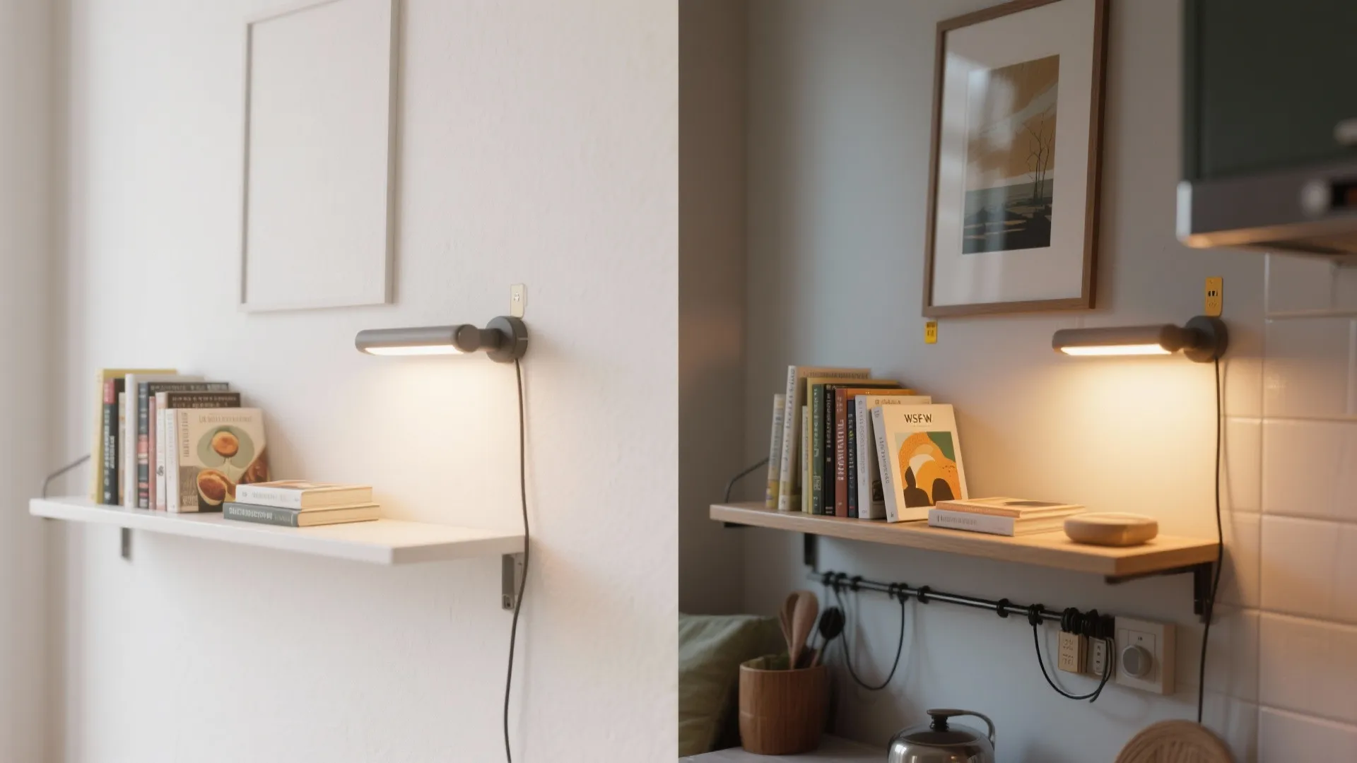 Before and after comparison of simple white wall shelf and kitchen shelf with new wall light