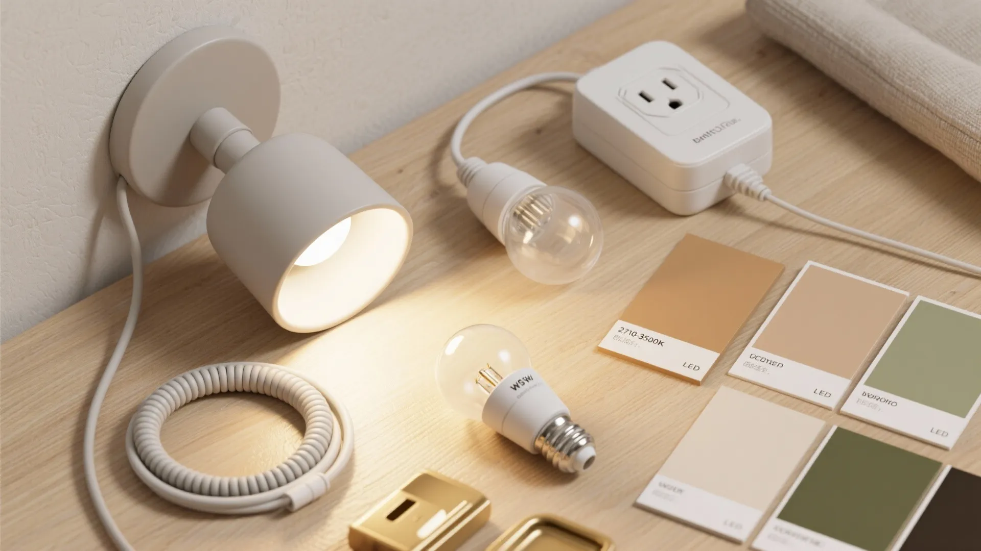 Table flatlay showing wall light fixture light bulbs color swatches and power adapter for interior design