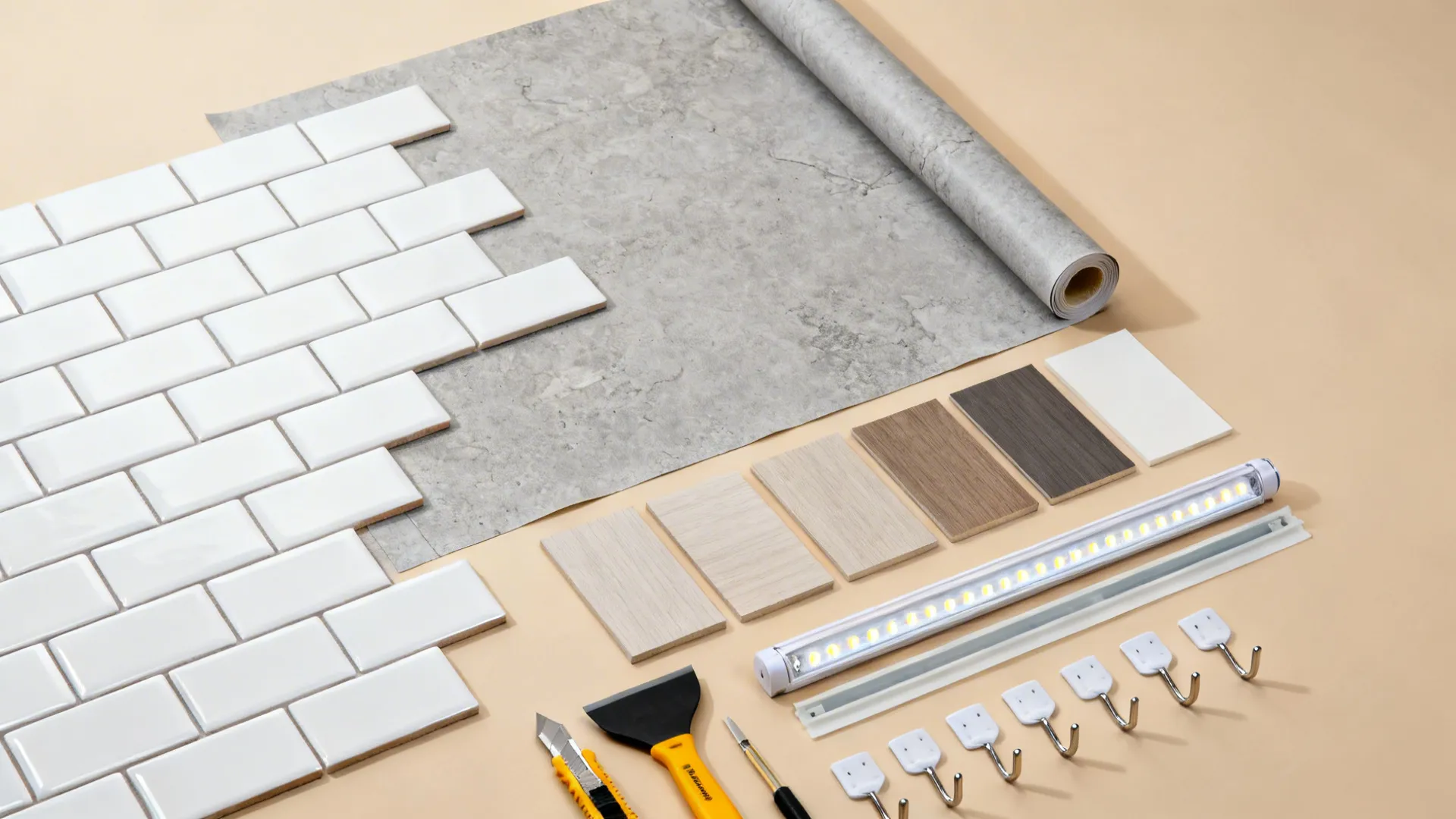 Flat-lay of peel-and-stick tiles, contact paper, LED bar, and tools for renter upgrades.