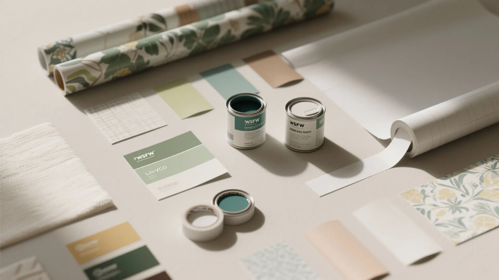 Wallpaper rolls, paint cans, color swatches, and fabric samples spread out on a light table